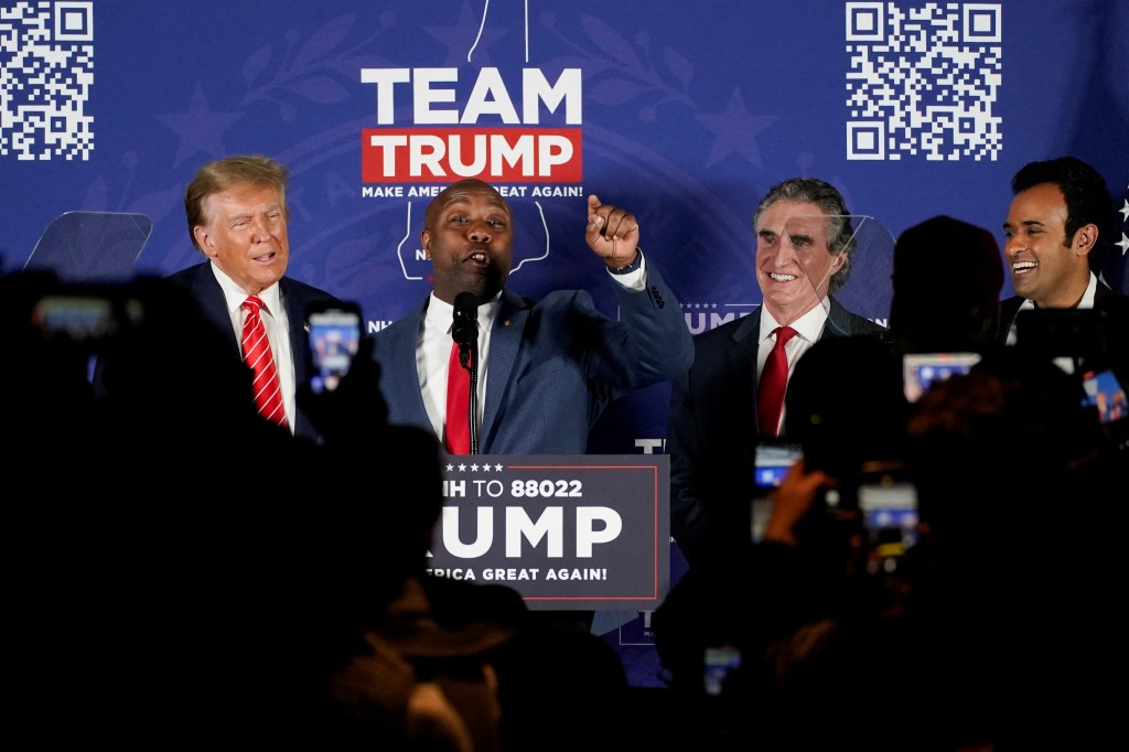 Trump jokes about Tim Scott’s engagement as he welcomes former GOP foes to NH rally in final primary push
